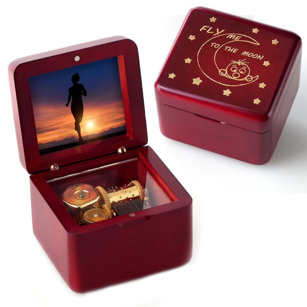 5041 Natural Solid Wood Laser Engraved Vintage Clockwork Music Box Mini
